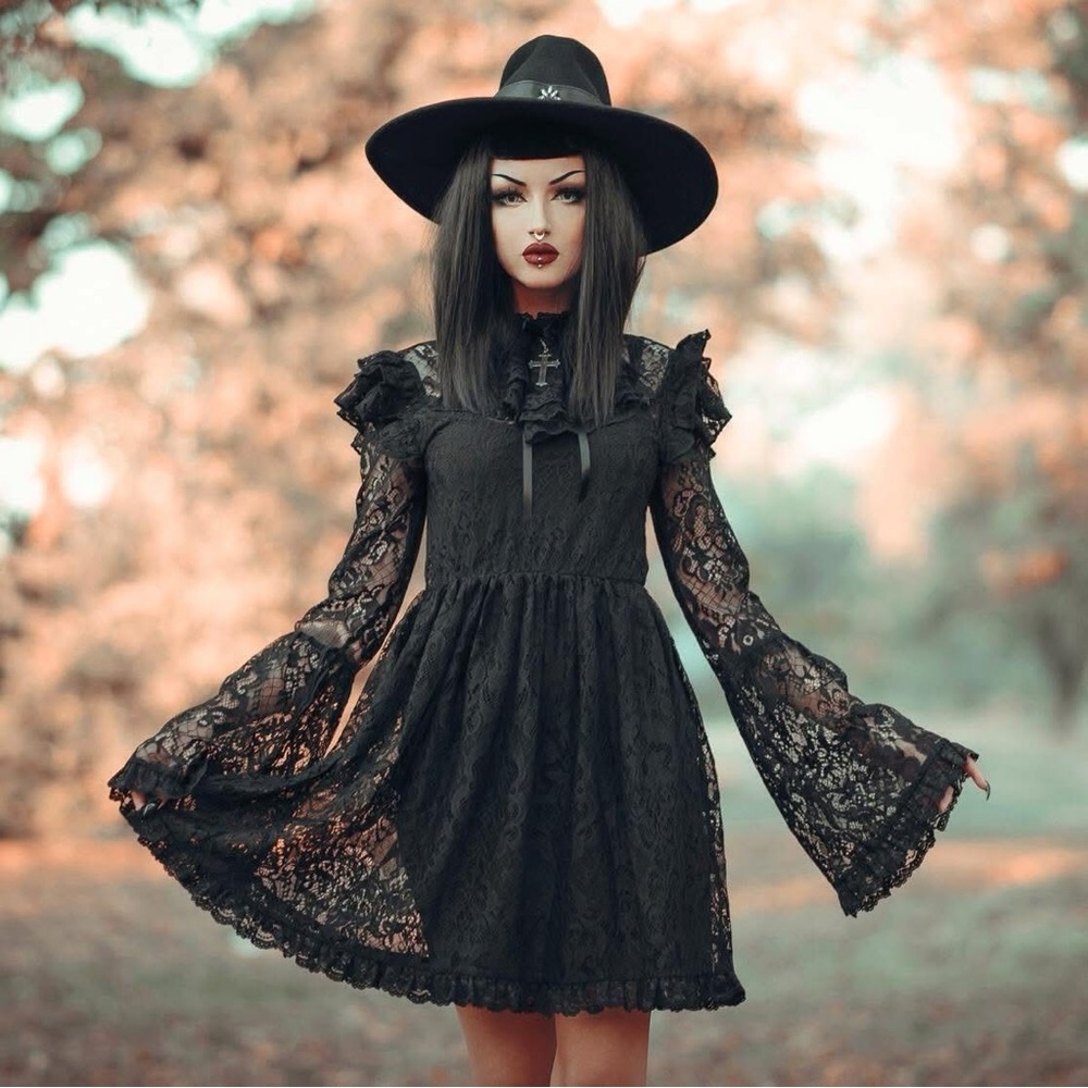 Killstar Liliana Witching Hour Romantic Goth Black Lace Whimsy Flowy Bell Sleeve